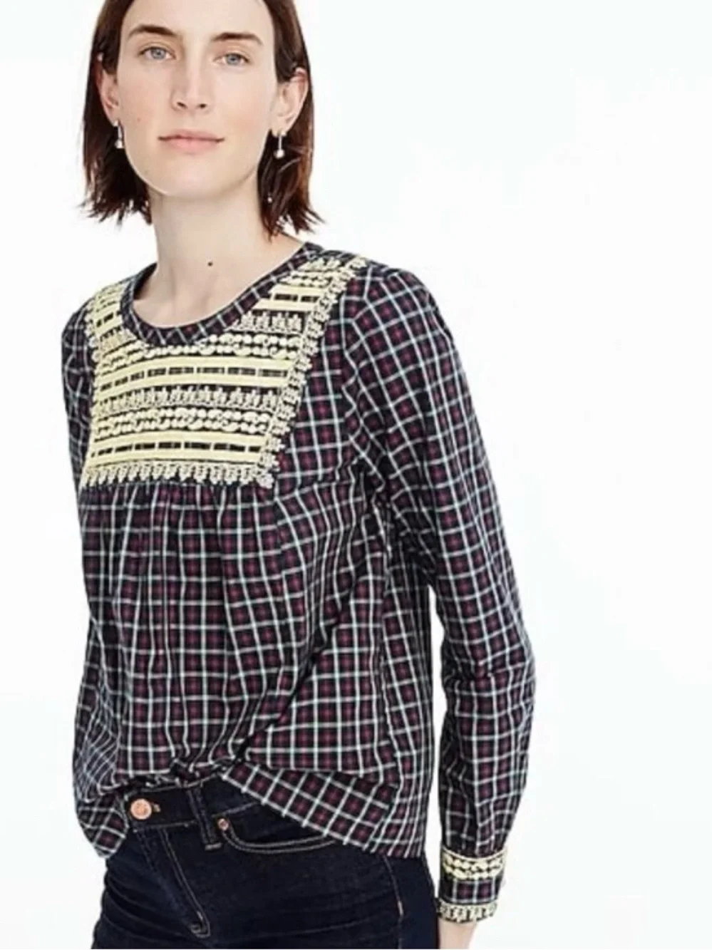 J Crew plaid long sleeve top with gold embroidery embellishments